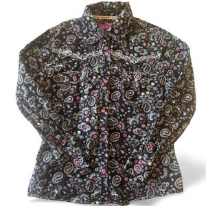 Cowgirl Hardware M Black Pink Paisley Western Snap Shirt Long Sleeve Rodeo Top